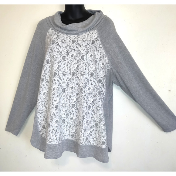 Sunday Tops - Sunday Cowl Neck Top Sz 2X Gray White Lace Front Panel Lightweight Sweater
